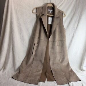 Magaschoni Women's Med Faux Leather Sleeveless Long Vest Open Front